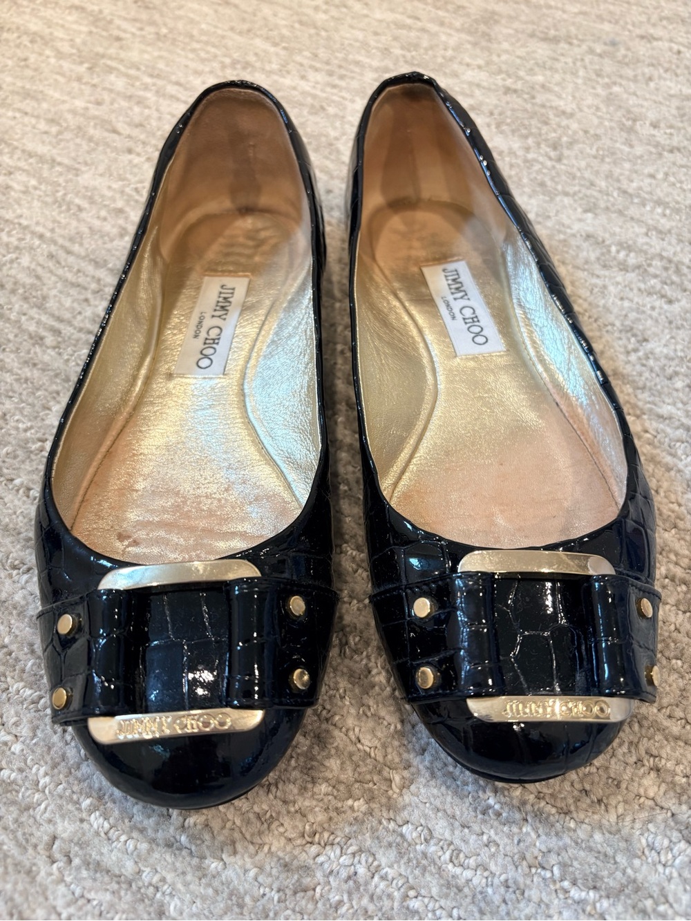 Jimmy Choo Black Croc Embossed Patent Leather Ballet Flats Gold Buckle 37.5